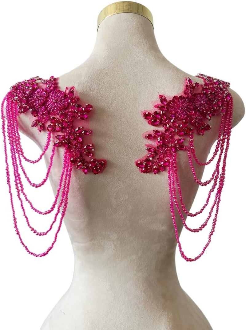 wtbvn 1 Pair Beaded Rhinestones Applique Embellishment for Clothes Epaulettes Shoulder Patches Sew-on Diamond Sequin Tassels Applique for Wedding Dress DIY Accessories 9.8X10.2inches (Rose red) - Image 1